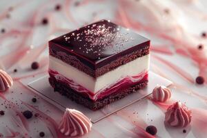Piece of chocolate cake on a black background. Close up photo