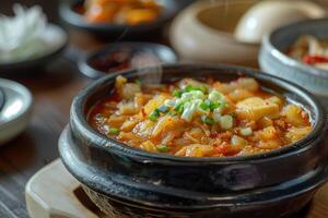 Korean food Kimchi, kimchi jjigae in a ceramic bowl photo
