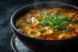 Korean food Kimchi, kimchi jjigae in a ceramic bowl photo