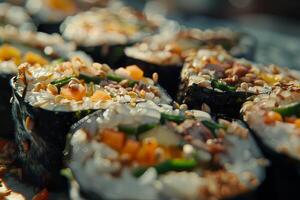 Kimbap or Gimbap with salmon and vegetables on a marble background. Korean food photo
