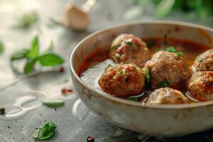 Delicious meatballs with sauce in bowl on table, closeup photo