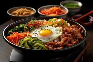 Bibimbap with rice, vegetables and egg in bowl photo