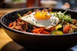 Bibimbap with rice, vegetables and egg in bowl photo