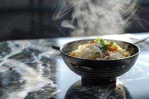 Kalguksu. Bowl of tasty korean noodles with vegetables on table, closeup photo