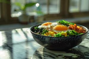 Bibimbap with rice, vegetables and egg in bowl photo