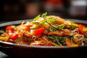 Jap chae noodle Korean with chicken and vegetables in a black plate photo