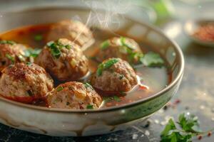 Delicious meatballs with sauce in bowl on table, closeup photo