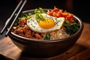 Bibimbap with rice, vegetables and egg in bowl photo