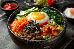 Bibimbap with rice, vegetables and egg in bowl photo