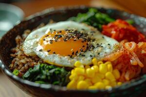 Bibimbap with rice, fried egg and vegetables in bowl photo