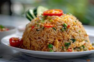 Fried rice with vegetables and herbs in a plate photo