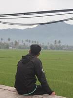 A man looking at the rice fields from the top of the hill photo