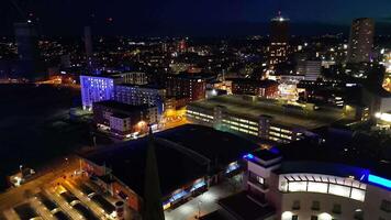 High Angle Footage of Illuminated Tall Buildings During Night at Central Birmingham City of England Great Britain. March 30th, 2024 video