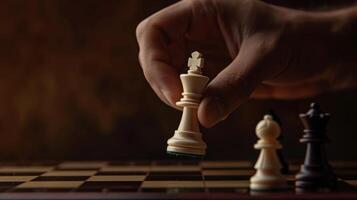 A hand is holding a chess piece and pointing at another piece on the board photo