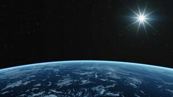 Stunning View of Earth from Space with Shining Stars and Blue Atmosphere photo