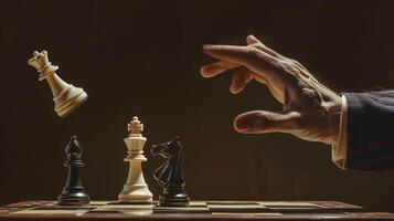 A hand is holding a chess piece and pointing at another piece on the board photo