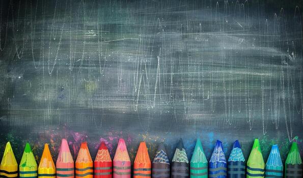Colorful Crayons on Blackboard Background with Artistic Chalk Marks and Patterns photo