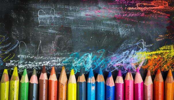 Colorful Crayons on Blackboard Background with Artistic Chalk Marks and Patterns photo