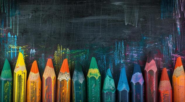 Colorful Crayons on Blackboard Background with Artistic Chalk Marks and Patterns photo
