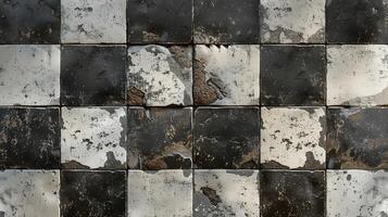 The image is of a black and white checkered wall with a lot of dirt and grime photo
