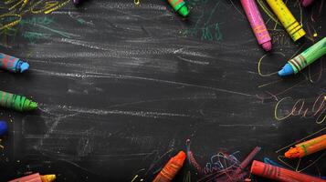 A blackboard with a bunch of crayons on it photo