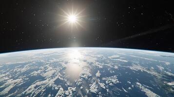 Stunning View of Earth from Space with Shining Stars and Blue Atmosphere photo