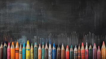 Colorful Crayons on Blackboard Background with Artistic Chalk Marks and Patterns photo