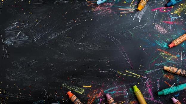 Colorful Crayons on Blackboard Background with Artistic Chalk Marks and Patterns photo