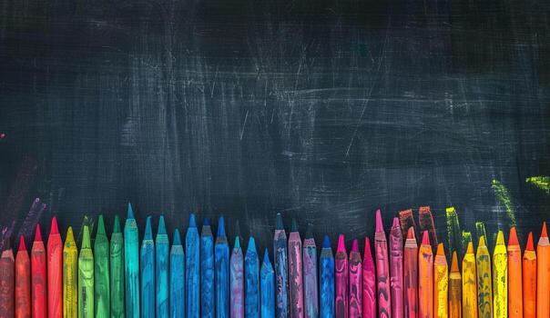 Colorful Crayons on Blackboard Background with Artistic Chalk Marks and Patterns photo