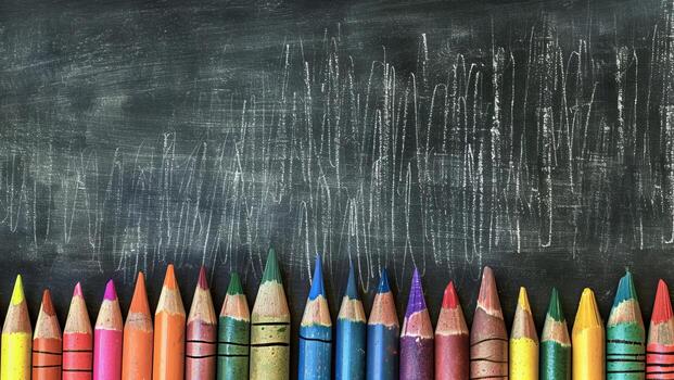 Colorful Crayons on Blackboard Background with Artistic Chalk Marks and Patterns photo