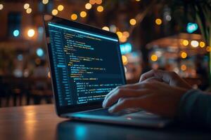 Hands typing on a laptop displaying code in a dimly lit cafe with a warm, ambient background, portraying a modern tech workspace environment photo