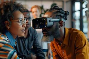 A diverse group of people engaged with a man using a VR headset, showcasing a tech-driven environment, curiosity, and immersive virtual reality experience photo