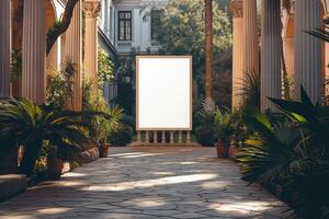 A blank billboard framed by lush greenery and tall columns, situated in a beautiful garden courtyard, with sunlight casting shadows on the stone pathway photo