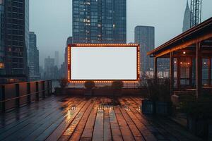An empty, illuminated billboard on a rooftop with wet wooden flooring, surrounded by city skyscrapers at dusk, creating a serene urban atmosphere photo