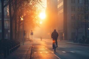 Cyclist riding down a city street bathed in the warm glow of a sunrise photo