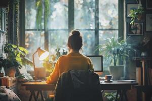 A person working from home in a cozy, plant-filled room, sitting at a desk with a computer, illuminated by a desk lamp, with a large window in the background photo