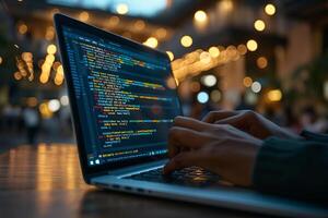Hands typing code on a laptop keyboard in a dimly lit, bokeh-filled background, creating a focused and creative programming atmosphere photo