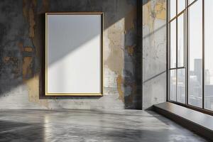 Elegant empty frame on a distressed wall in a modern loft with city views through large windows photo