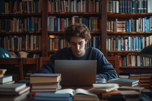 A focused student studying in a library, surrounded by books, working on a laptop at a wooden table, with shelves of books in the background photo