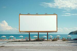 A large blank billboard stands on a beach with white umbrellas and lounge chairs facing a clear blue sea, under a bright sky with scattered clouds photo