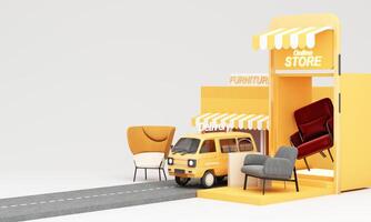 flying furniture Online shopping. furniture store interior decoration projects, buying sofas, tables via the internet, e-commerce, delivery to home from store. Banner with copy space. 3D Illustration photo