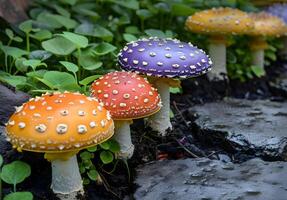 View of Beautiful different colored mushrooms in a garden photo