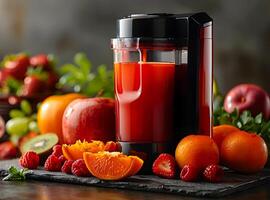 View of digital juicer electronic machine for juicing in a container photo
