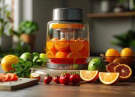 View of digital juicer electronic machine for juicing in a container photo