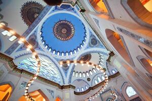 turkey istanbul 17 january 2024. A stunning architecture of a mosque with ornate ceiling, intricate design, and striking blue domes photo
