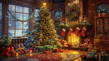 A brightly lit Christmas tree and fireplace create a warm and inviting ambiance in this festive scene photo