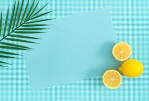 Summer creative layout made with lemons, tropical green palm leaf and light pastel blue paper card note copy space on white and blue background. Minimal summer fruit concept. Flat lay, top of view. photo