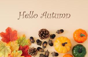 Autumn or fall scene made with colorful autumn leaves, various pumpkins, pinecones and nuts with text Hello Autumn on pastel beige background. Minimal autumn season concept. Nature flat lay. photo