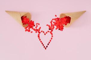 Red lips glitter confetti falling from ice cream cones and forming heart symbol on light pink background. Minimal summer love concept. Ice cream with love layout. Romantic style aesthetic idea. photo