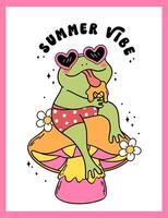 Groovy Retro Summer Frog with ice cream and mushroom cartoon character Summer vibe drawing doodle vector
